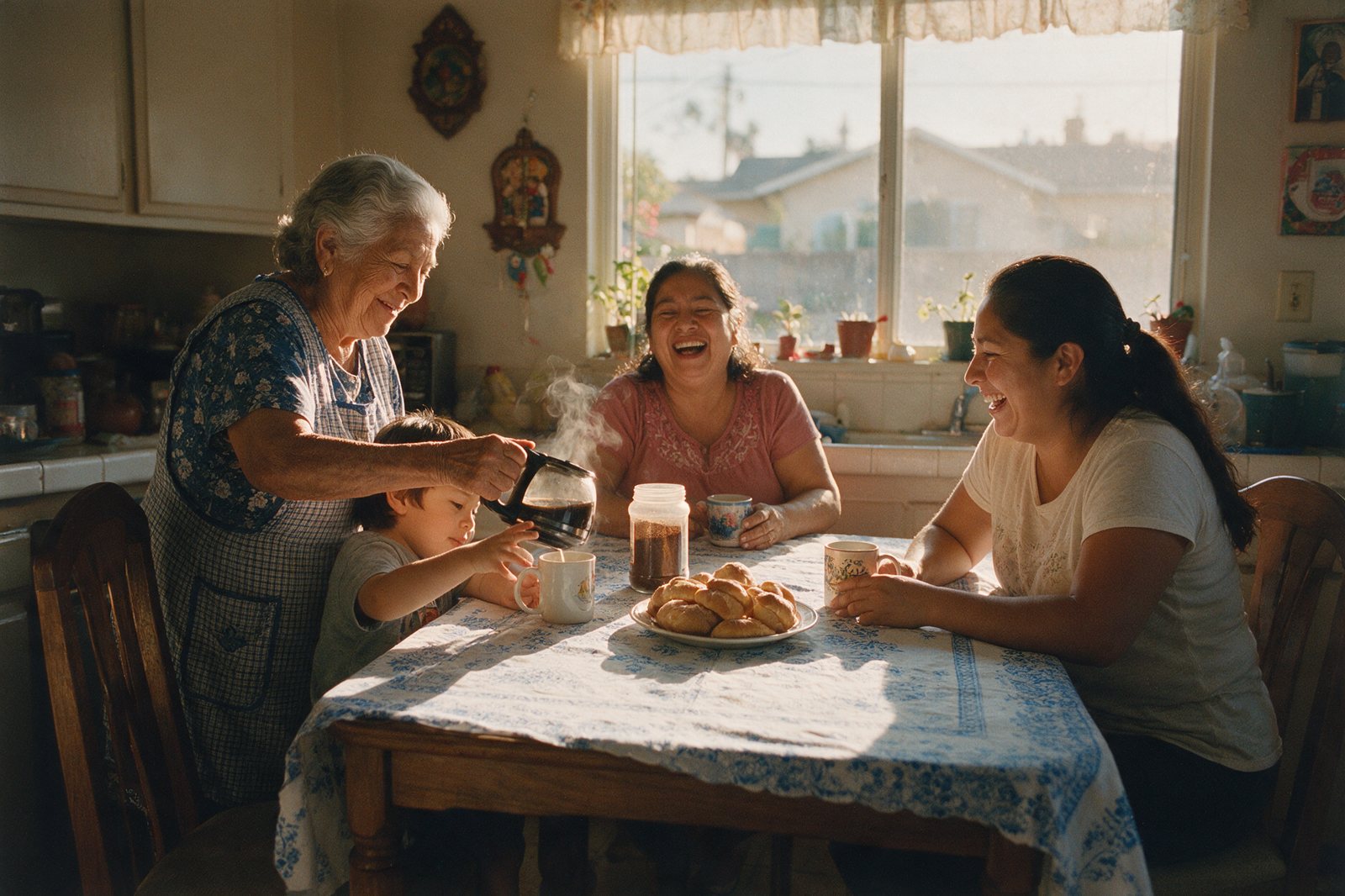 Familia salvadoreña compartiendo café en su cocina en Los Ángeles